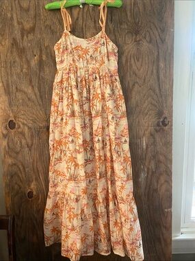 Olivia James Cotton Cream Maxi Dress with Orange Palm Print and Tie Straps Small